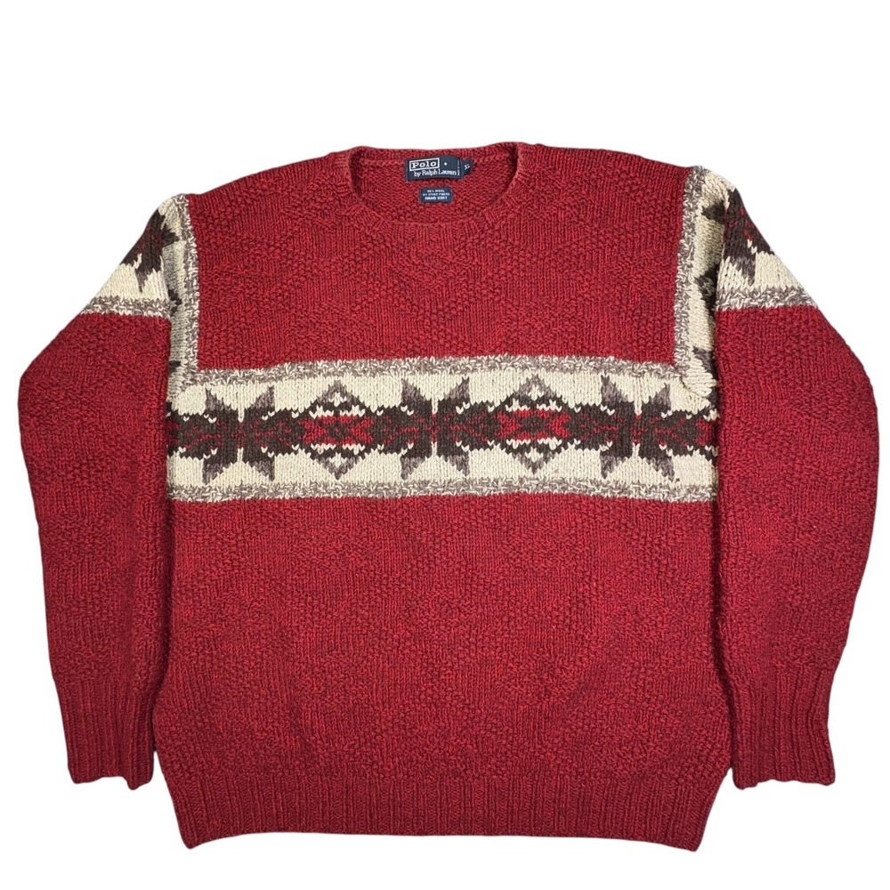 Polo Ralph Lauren Hand‎ Knit Wool Sweater Mens XL Red Nordic Fair Isle Vintage